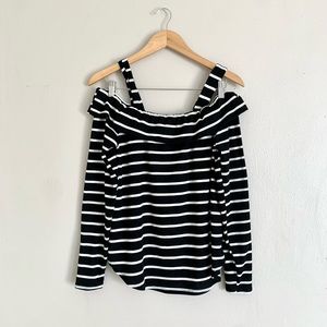 Black & White Striped Cold Shoulder Strap Ribbed Long sleeve Shirt
